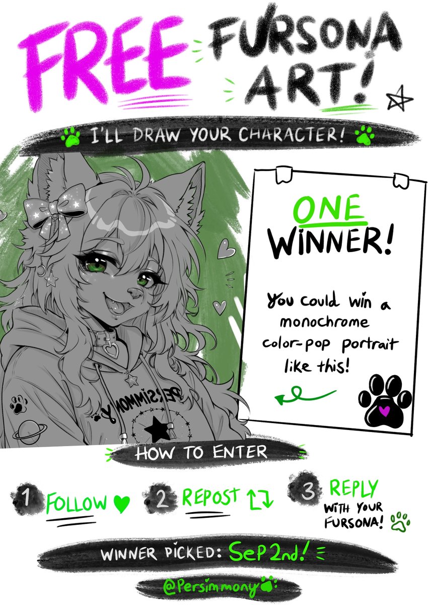 Persimmonyy's tweet photo. 💚 Free art raffle 💚

- all you got to do is rt + comment your ref sheet!
 - I'll randomly pick someone by a wheel spin!
#artraffle #furry https://t.co/0IpqMnNFlj
