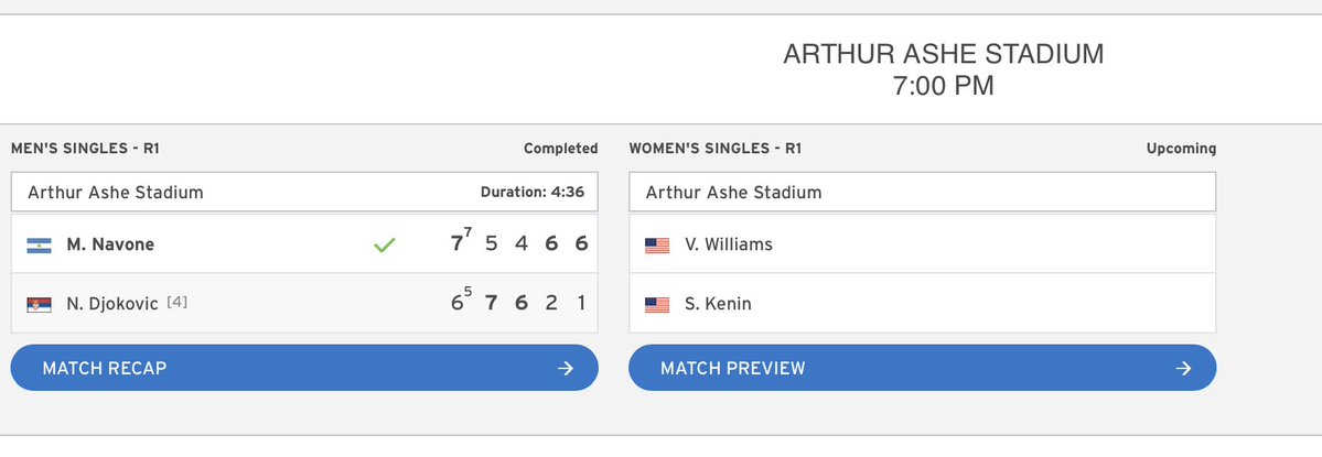 josemorgado's tweet photo. UPDATE: USTA changed their plans (again) and moved Venus Williams vs. Sofia Kenin back to Ashe, starting AFTER midnight. https://t.co/WCLSx7QbOf