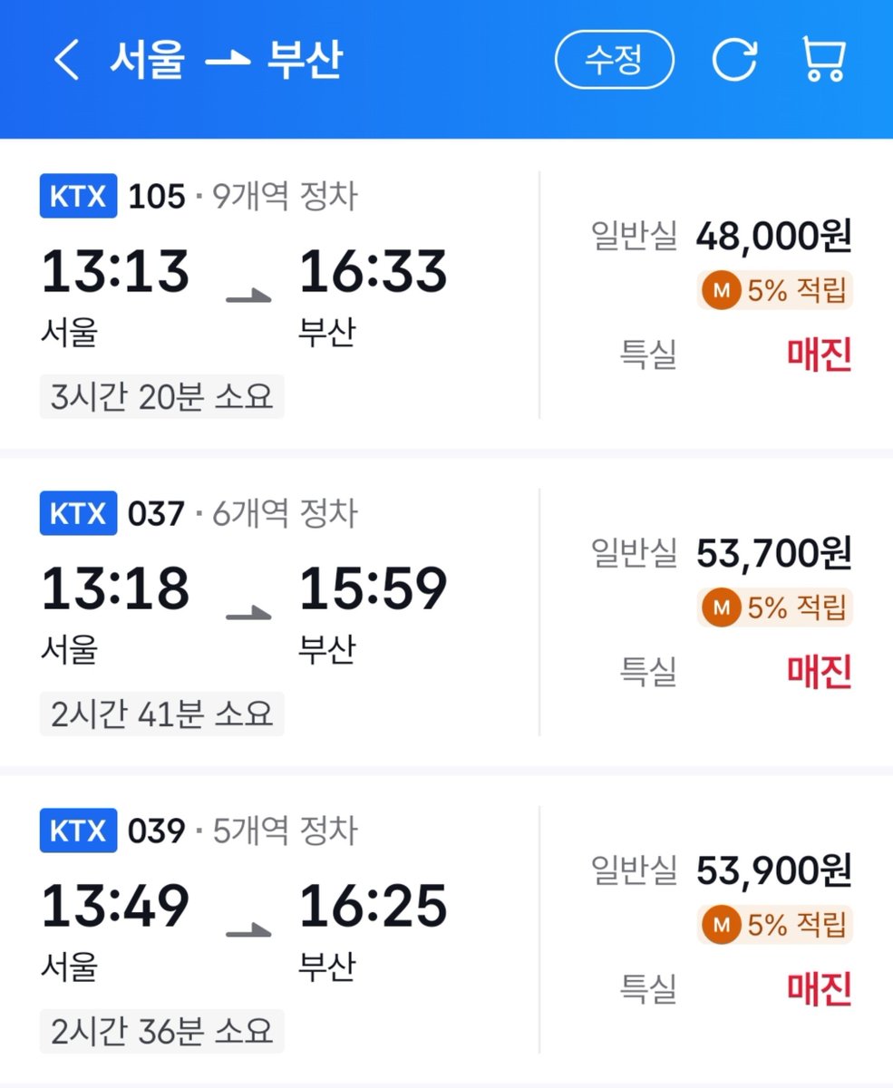 everbluejm's tweet photo. 내일부터 ktx 값 인하된다 😆
서울-부산 59,800 > 53,700원 https://t.co/ASpK7sJRvj