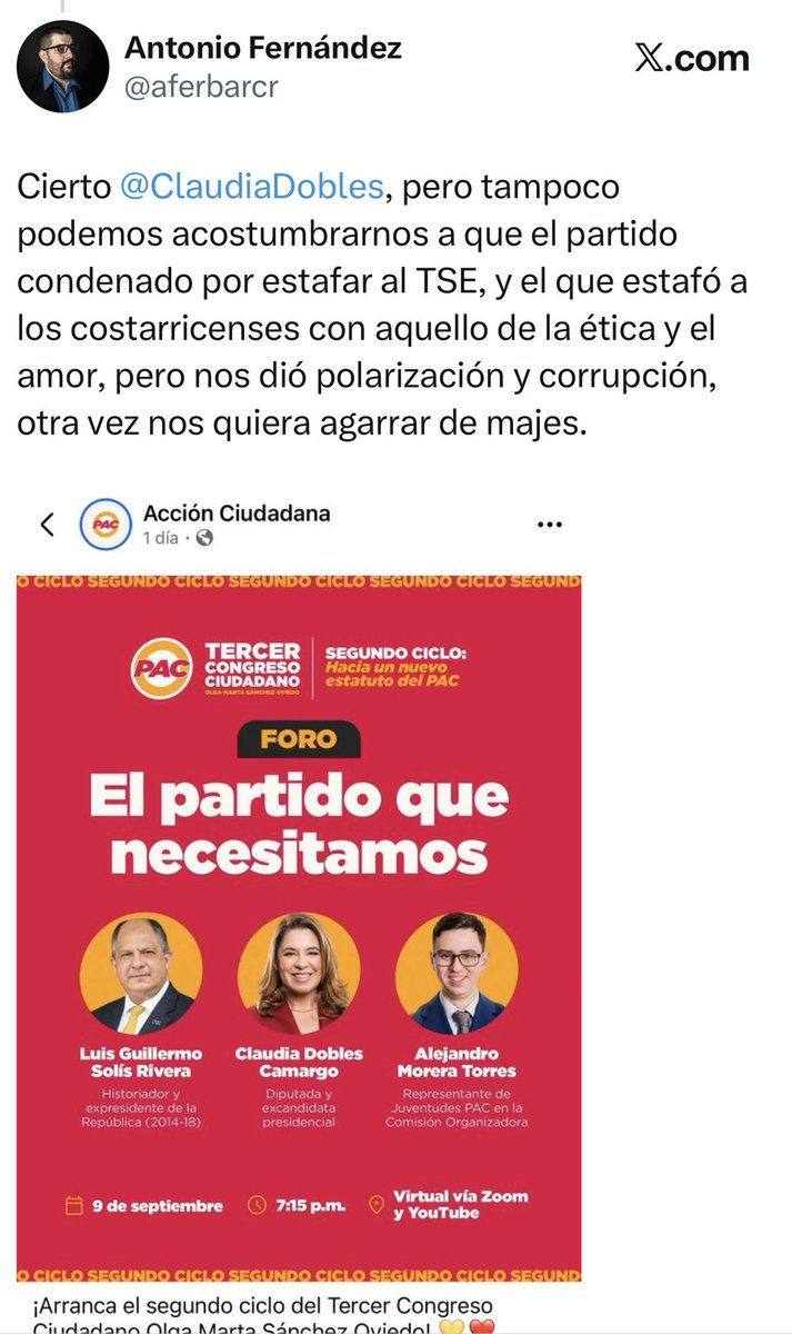 aferbarcr's tweet photo. Concuerdo con Claudia Dobles, no debemos normalizar la violencia, así como tampoco podemos normalizar que un partido que estafó al TSE, que nos dio persecución religiosa, un hueco fiscal, la UPAD, Cochinilla y mucho más, hoy nos crea tan majes como para creerles de nuevo. https://t.co/AkTsHoIRuu