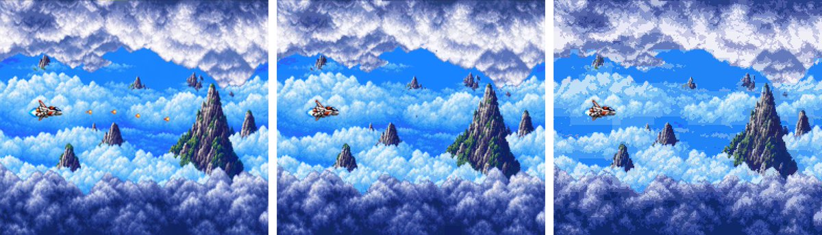 biospark88's tweet photo. Stage 2-1, #ProjectTEMPEST, #SNES.
Left: Concept art.
Middle: Mode 1. 4bpp looking awesome.
Right: Mode 0. Note the blocky color edges, the challenge of 2bpp art.
I ended up going with Mode 1, but I do have Mode 0 awesomeness planned.
#RicohSuave #SNESdev #indiedev #retrogaming https://t.co/MpL6w8ujS2