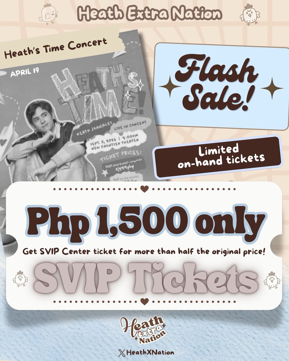 HeathXNation's tweet photo. SUPER SALE! SVIP CENTER FOR P1,500 ONLY! 📢

If you’ve been waiting for the perfect chance to watch Heath live, this is your sign! 🙌🏻

Only 5 DAYS LEFT until HEATH’s TIME, and we only have a limited number of tickets available at this price. Don’t wait until it’s too late! 🧸

Secure your SVIP Center ticket now and let’s fill the venue for Moy! 🎤✨

📩 DM us to get yours! Grab it while it lasts, BuzzBears! 🔥🤍
#HeathJornales #HeathsTime