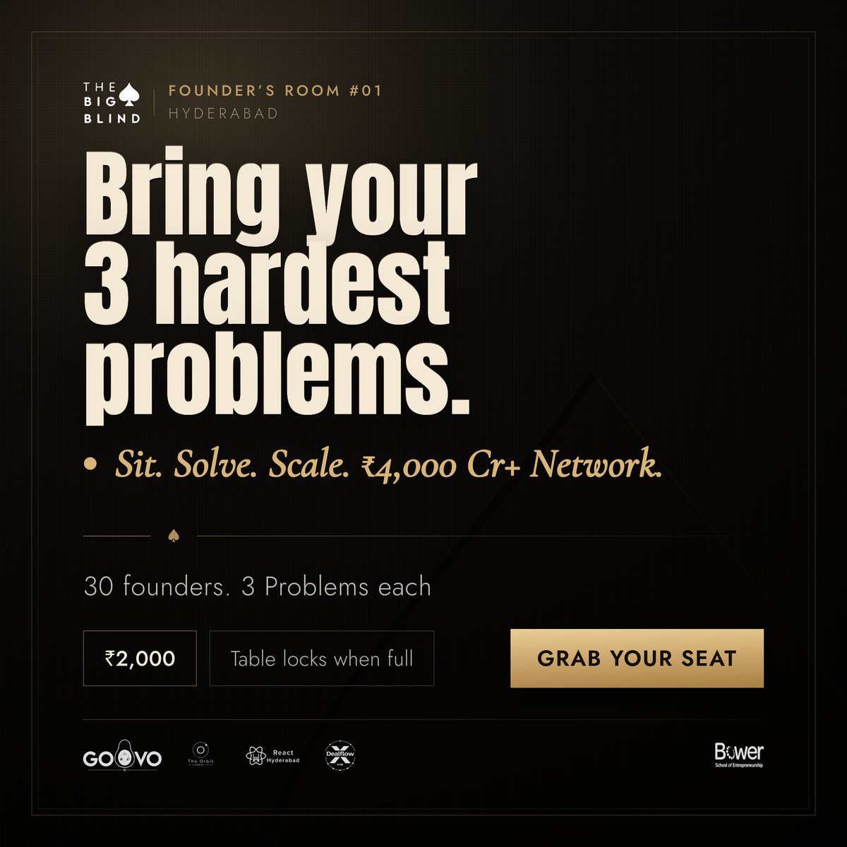 devrelmegha's tweet photo. 30 founders. 90 hard problems. One table.

The poker is the format. The real game is between hands.

Bring the 3 problems currently eating your week. The room works them with you.

Founder’s Room #01 | Hyderabad | 5 Sep | ₹2,000
Table locks when the mix is right.
https://t.co/iuz8YpRHAm