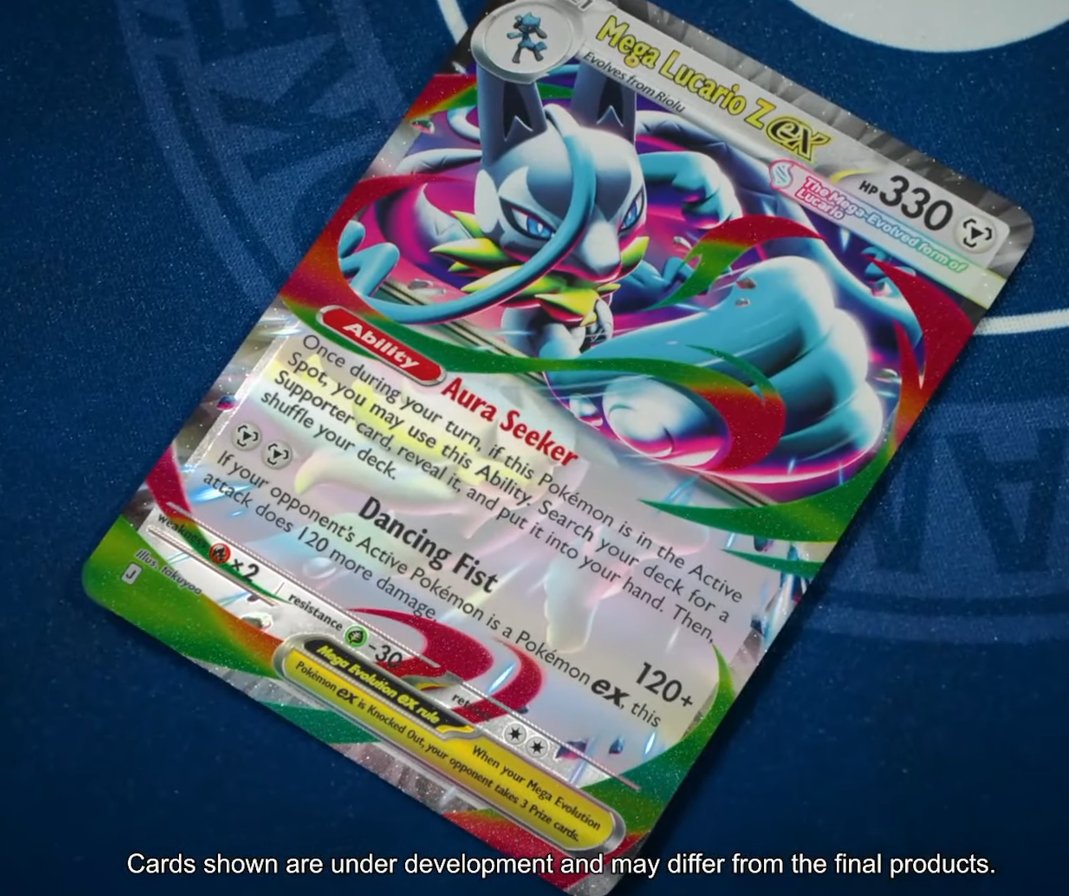 PokeGetInfoMain's tweet photo. 【テキスト翻訳】
✅メガルカリオZex
[特性]
このポケモンがバトル場にいるなら、自分の番に1回使える。
自分の山札からサポートを1枚選び、相手に見せて、手札に加える。そして山札を切る。

[ワザ]
相手のバトルポケモンが「ポケモンex」なら、120ダメージ追加。

✅シンボラーex
[特定]
このポケモンは、相手の「メガシンカex」からワザのダメージを受けない。

[ワザ]
このポケモンについているエネルギーを1個選び、ベンチポケモンにつけ替える。