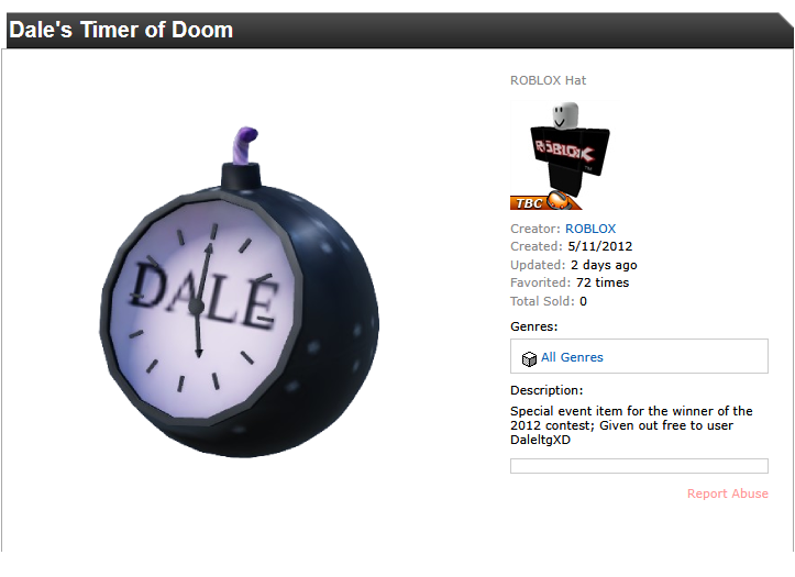 retroahhblud's tweet photo. (Accessory)
Dale's Timer of Doom

Price: R$775
Creation Date: May 11th, 2012
Description: Special event item for the winner of the 2012 contest; Given out free to user DaleltgXD
ID: 80576952 https://t.co/P7m9dF2kct