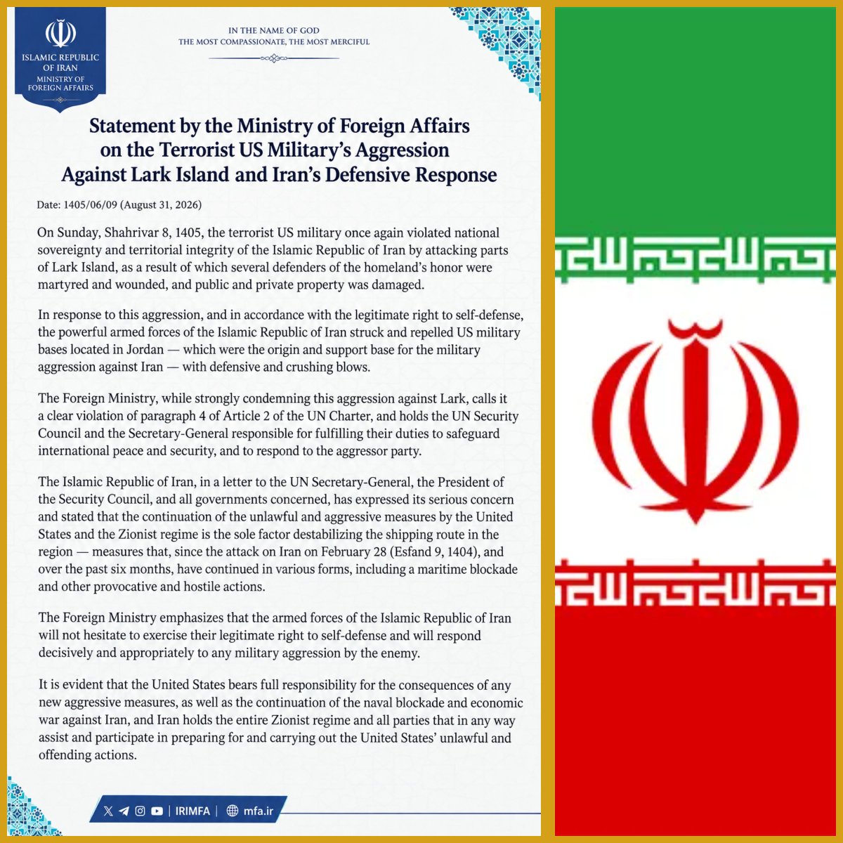 RyanRozbiani's tweet photo. Iran Says U.S. Bases in Jordan Were HIT in Retaliation

Iran's Foreign Ministry says its armed forces struck U.S. military bases in Jordan after accusing American forces there of supporting the attack on Lark Island.

The ministry says Iran will respond DECISIVELY to any further military aggression and warned that the U.S. bears FULL RESPONSIBILITY for the consequences of continued attacks, the naval blockade, and economic war.

Iran also warned that parties assisting U.S. military operations will be held responsible.