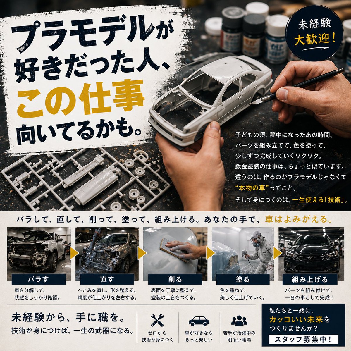 everycustom's tweet photo. 「プラモデルを作るのが好きだった人、この仕事向いてるかも。」

バラして、直して、削って、塗って、組み上げる。

鈑金塗装は、ちょっとプラモデルに似ています。

違うのは、作るのが「本物の車」ってこと。

未経験から、手に職を。

#プラモデル #車好き #gr86 #jdm https://t.co/32K0K4jbPF
