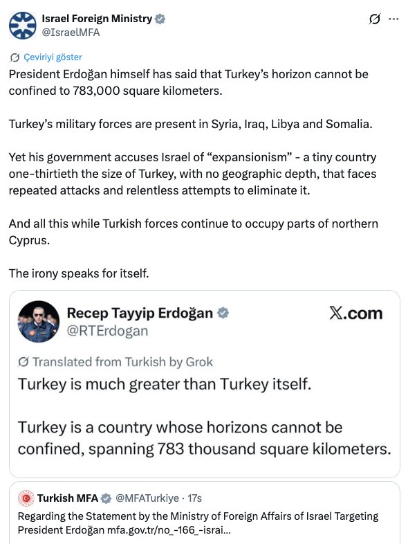 straturka's tweet photo. Israeli Foreign Ministry @IsraelMFA accuses Turkish President Erdoğan of expansionism...
However, Netanyahu and other Israeli officials' statements show that expansionism is an Israeli state policy. https://t.co/xrbJuYL2ta