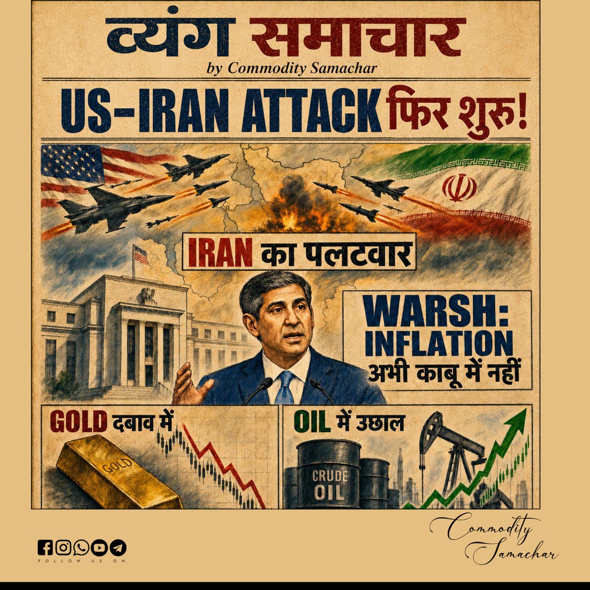 comm_samachar's tweet photo. US ने किया हमला… Iran ने कर दिया पलटवार! 🚀💥
इधर Warsh बोले—Inflation अभी काबू में नहीं…
अब Gold दबाव में और Crude Oil बोला—“मेरी तो निकल पड़ी!” 😄📉📈
#VyangSamachar #USIran #Gold #CrudeOil #CommoditySamachar https://t.co/rJAM0utKQ1