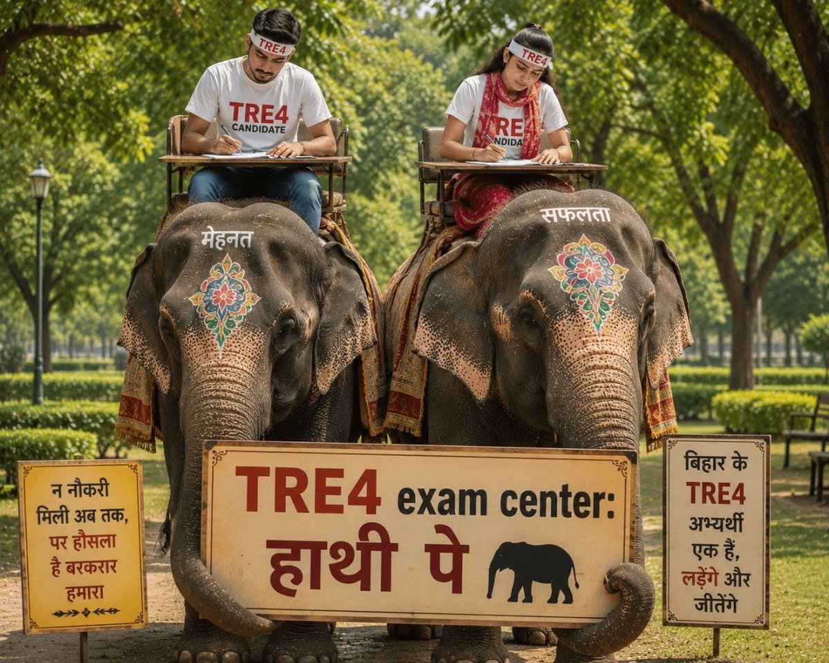 KJPFORBIHAR's tweet photo. TRE4 अभ्यर्थीयों की मांग धीरे धीरे बढ़ती जा रही, कुछ दिन और रुक गयें तो हमलोग मे से कुछ लोगो की मांग होगी- 
"हमलोग को हाथी पे बैठ के परीक्षा देने दिया जाये वरना आंदोलन करेंगे"😀 https://t.co/UX5o0Q8IhW