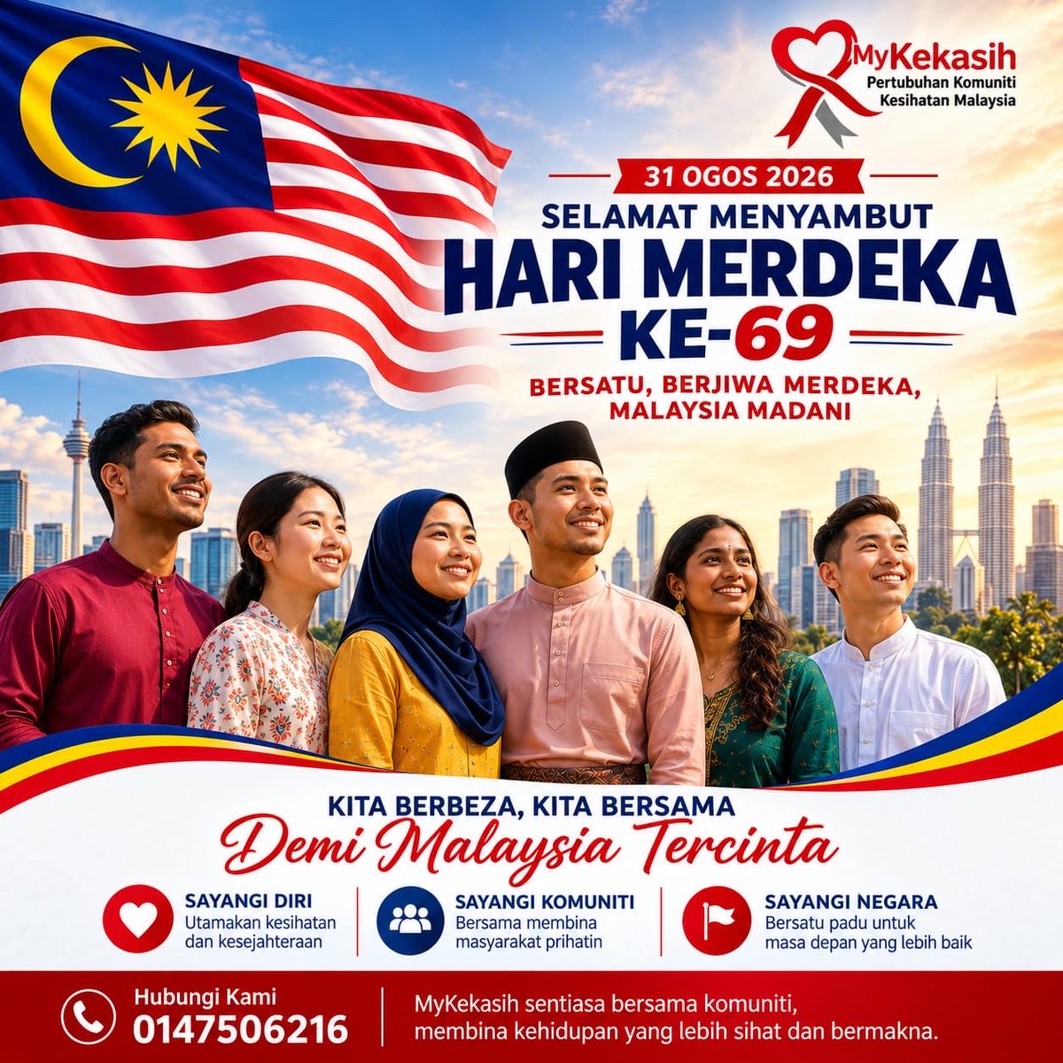 MyKekasih_ngo's tweet photo. Selamat Menyambut Hari Merdeka ke-69!
Semoga semangat perpaduan terus menyatukan kita.
Bersatu hati, berbilang budaya — bersama membina Malaysia yang lebih sihat dan sejahtera.
Ikhlas daripada MyKekasih
#MyKekasih #HariMerdeka #MalaysiaMadani #JalurGemilang https://t.co/qvM6ZlOcwF