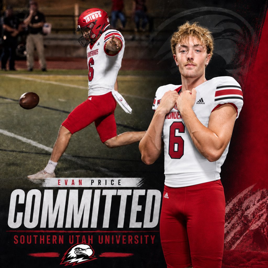 PriceEvan42's tweet photo. Blessed and excited to announce my commitment to Southern Utah University!

Thank you to my coaches and everyone who has supported me along the way.

Go T-Birds!
@BrightonBengal @Josh_Montzingo @RogueKicking @OGMacDC @delanefitz https://t.co/izrDwTUIet