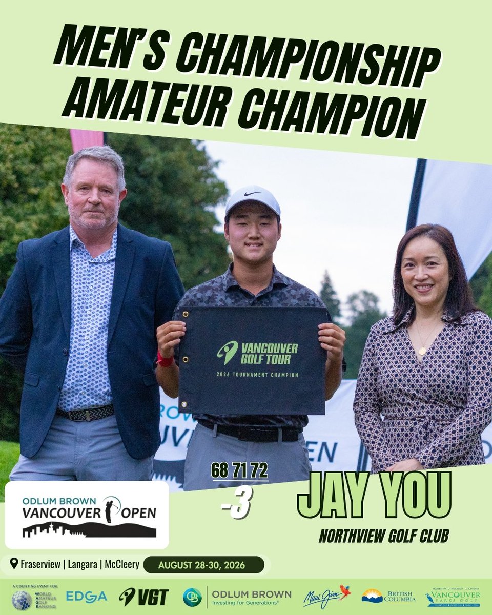 VanGolfTour's tweet photo. Ilirian Zalli is the 2026 Odlum Brown Vancouver Open Champion! 🏆 A closing 66 capped rounds of 69-66-66 (-13) and a dominant four-shot victory. #VGT #VancouverOpen https://t.co/TsqOb0E3Tf