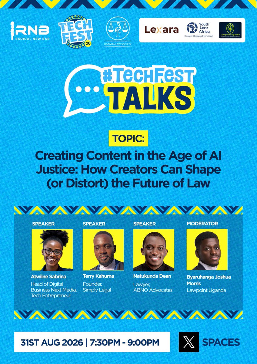 Lawpointuganda's tweet photo. TONIGHT on #TechFestTALKS 🔥

Creating Content in the Age of AI Justice: How Creators Can Shape (or Distort) the Future of Law

With @unbowed_atwiine | @KahumaTerry | @DeanNatukunda  
Moderated by @JoshuaMorris728

🗓️ Tonight, 31st Aug | 7:30–9:00PM  
📍 X Spaces

Don’t miss this one.  
#TechFest26 #RNB #ULS 

 link for space -https://t.co/wzc3OEmetd