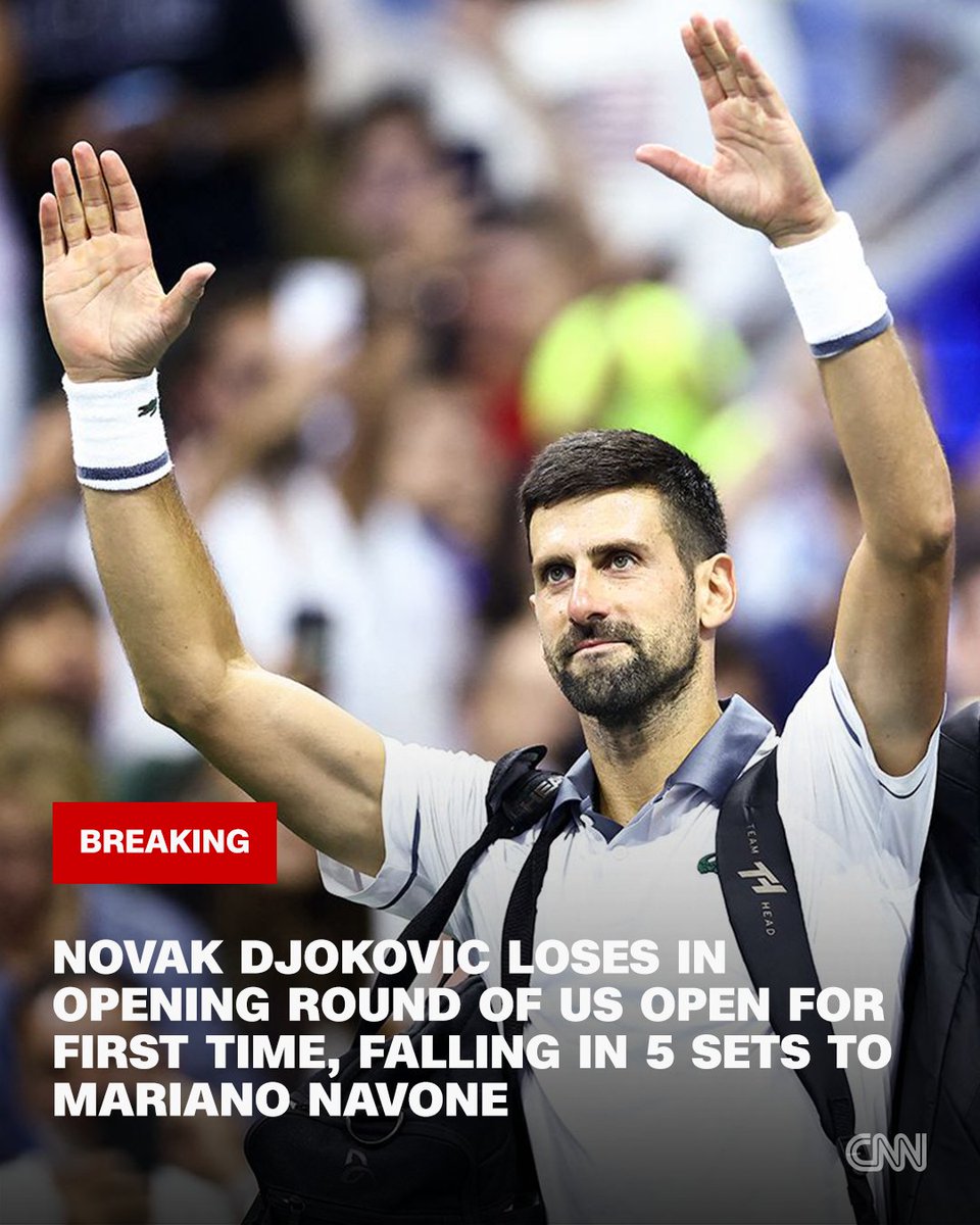 CNN's tweet photo. Novak Djokovic grinded through physical and internal ailments, made one mistake after another and could not find what it took to beat a feisty, younger opponent who was not intimidated under the lights against tennis' most decorated player. https://t.co/7qEyvaCofE https://t.co/svRTVIbkpq