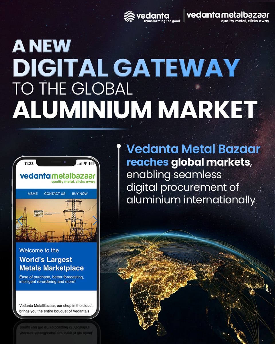 Vedanta_Group's tweet photo. A digital gateway to the global aluminium market.

@MbVedanta is now reaching international markets, enabling overseas customers to directly order and purchase aluminium products online.

Another step towards transforming the way aluminium is procured.

🔗 Read more here: https://t.co/fhe7cbGum2

#Vedanta #VedantaAluminium #VedantaMetalBazaar #DigitalTransformation #GlobalMarkets #Innovation #DeshKiZarooratonKeLiye #TransformingForGood