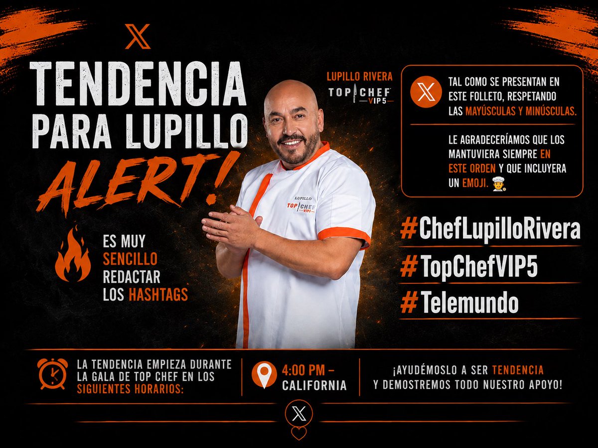 TeamPeloteros's tweet photo. 🚨 TENDENCIA PARA LUPILLO ALERT! 🚨
Es muy sencillo redactar los hashtags tal como se presentan, respetando las mayúsculas, minúsculas y el orden:
📍 4:00 PM – California
📍 5:00 PM – México
📍 7:00 PM – New York

#lupillorivera #Topchefvip #cooking #comida #telemundorealities https://t.co/5W4lCEvX1x