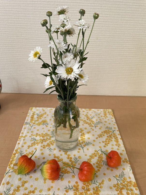 ashakyohoumon's tweet photo. すずかけの光庭に実っていた鬼灯です。後ろの白い花はヒナギク（デージー）かな？職員がすずかけの玄関に飾ってくれました。癒しです。
＃社会福祉協議会　＃訪問介護事業所 https://t.co/nixRe4hgBG