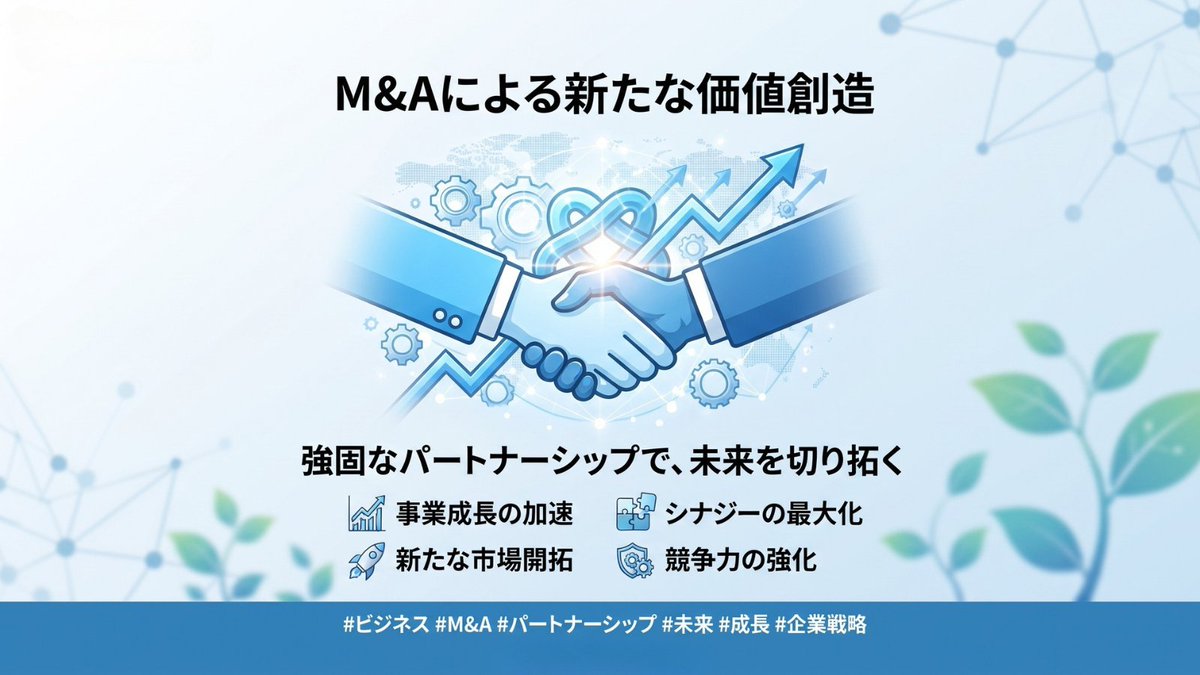 suMizuno's tweet photo. 「M&amp;A＝会社を売る、身売りだ」というネガティブなイメージはもう古い。
後継者不在を解決し、培ってきた技術や従業員の雇用を守るための「攻めの選択肢」です。
自社の価値を正しく知り、選択肢を広げましょう。 #MandA #事業承継 https://t.co/YfE2HxUjnz