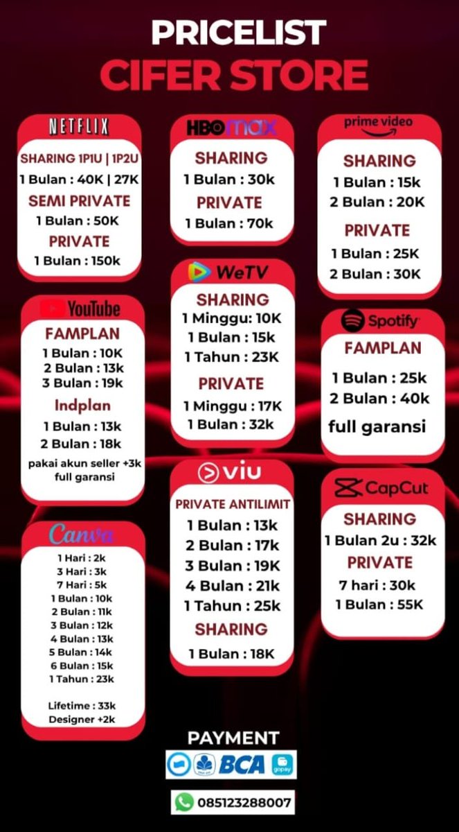 CiferStore's tweet photo. Mana nih yang butuh premium Canva atau lagi mau nonton film di Netflix, HBO, dsb. Langsung chat aja guys. Ada testimoninya juga https://t.co/jQieRouocu