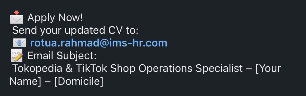 Applyajadulu's tweet photo. 🚨HIRING
Ada yang mau kerja di SCBD gaji 7-9jutaan? 👀
Punya pengalaman pegang Tokopedia dan Tiktok shop??
Gass apply !!!

✅Mau dapat info lowker update setiap hari + webminar, gabung Aja ke group. Lynk di bio. https://t.co/7bJXnyVyyS