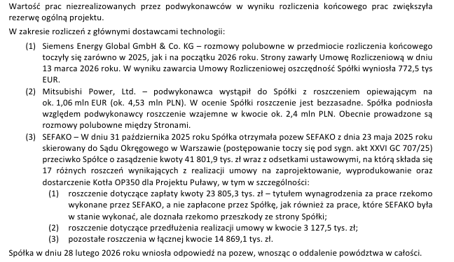 RafSkrzypczyk's tweet photo. To jest spółka, w której poza wynikiem kluczowe jest zwrócenie uwagi jak idą prace nad obecnym kontraktami i rozwiązywanie problemów wygenerowanych z umów zakończonych lub kończących się.

Sporo informacji o kontraktach gazowo-parowych.

#polimex #raportkwartalny #ciekawe

Kozienice 
Mediacje z Zamawiającym sankcjonujące ostateczny termin realizacji umowy (PAC) są nadal prowadzone  z intencją zawarcia porozumienia w drugiej połowie 2026 roku.

Gdansk 
Obecnie realizowane są roboty budowlane obejmujące prace ziemne oraz fundamentowe w zakresie głównych  obiektów inwestycji. Równolegle prowadzone są postępowania zakupowe dotyczące kluczowych materiałów,  usług oraz urządzeń charakteryzujących się długimi terminami dostaw. Realizacja inwestycji przebiega zgodnie   z przyjętym harmonogramem.

Rybnik
W I kwartale 2026 roku zakończono próby ciśnieniowe kotła oraz głównych rurociągów technologicznych.  Równolegle prowadzono działania administracyjne wymagane dla dalszej realizacji projektu i procesu  uzyskiwania niezbędnych decyzji. Na koniec II kwartału 2026 roku osiągnięto gotowość do podania gazu.   Ponadto, w I półroczu 2026 roku prowadzone były montaże kablowania dla branż AKPiA i elektrycznej oraz prace  związane z zakończeniem budowy układu wody chłodzącej. Wykonane zostały również prace związane   z zakończeniem montaży technologicznych głównych urządzeń: turbiny gazowej i turbiny parowej. Równolegle  do prac montażowych rozpoczął się proces rozruchowy bloku w zakresie linii 110kV oraz 400kV.
