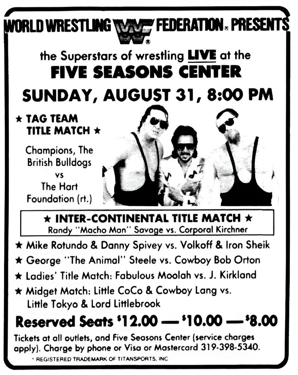 WWFWrestling1's tweet photo. On this day in 1986: WWF action at the Five Seasons Center, Cedar Rapids, Iowa! 🤼 #WWF #WWE #Wrestling #HartFoundation #BritishBulldogs https://t.co/ObNxkp6VRx