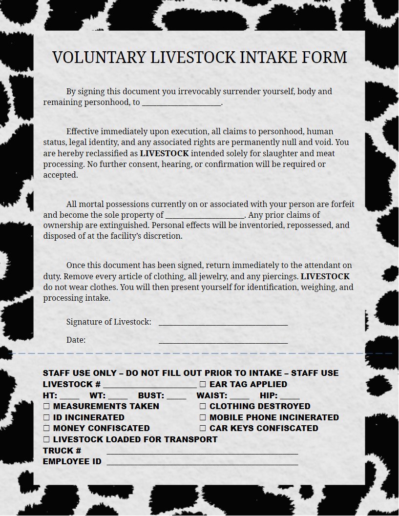 RavenaCrossVore's tweet photo. I drafted up a new intake form/consent agreement for all of you #snuffsluts looking to become the LIVESTOCK you were always meant to be 🖤🖤🖤
The businesses I work with requested that the FRESH MEAT checklist be added for convenience, so I obliged...
Stay tasty, cowsluts~ https://t.co/9N1KNqc2BG