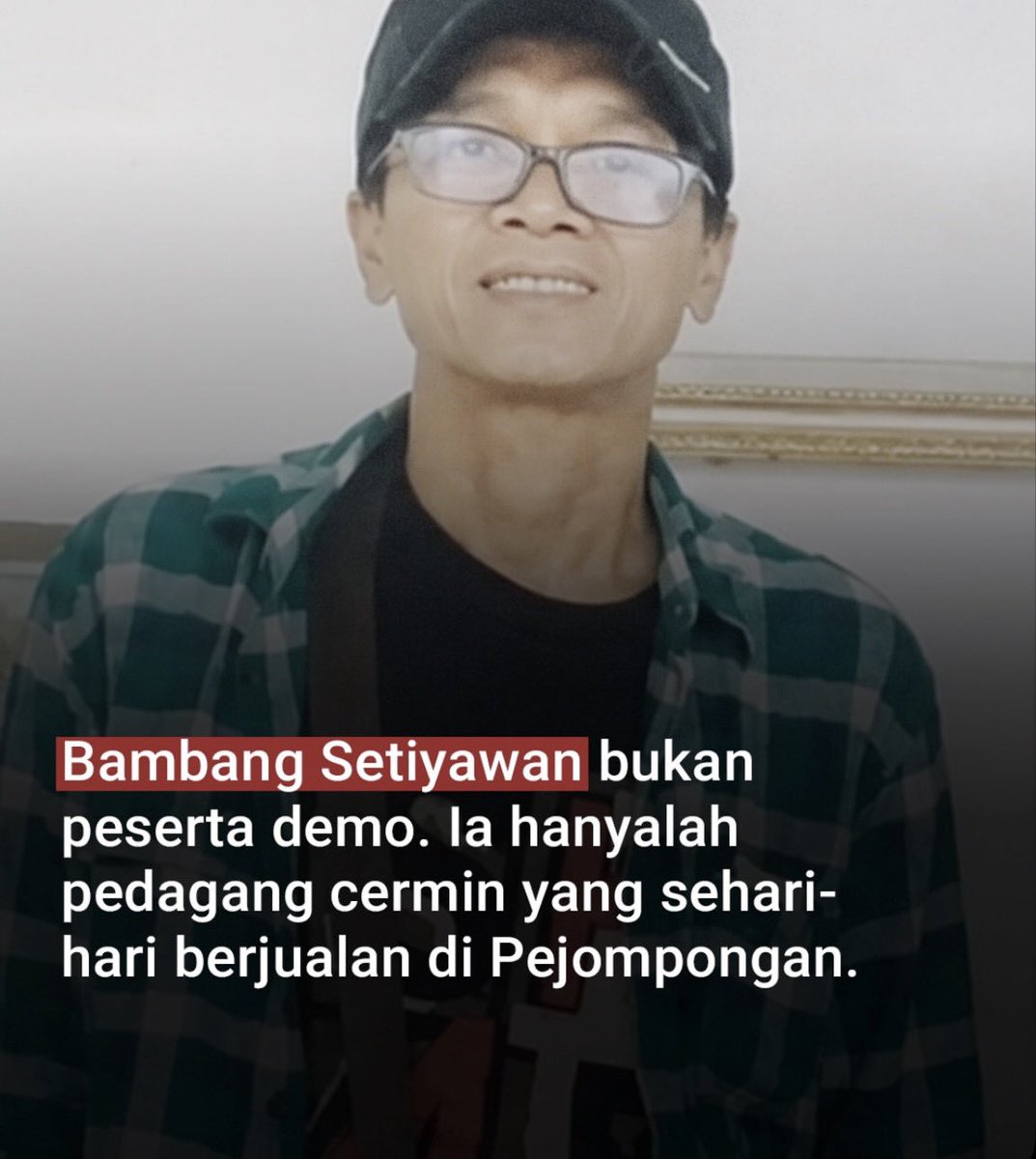 Nanntrad's tweet photo. PEMBERITAHUAN DARURAT🚨🚨

Pak Bambang setiyawan (59) sang penjual cermin di pinggir jalan 
korban yang di duga di keroyok tepat demo 27 agustus 2026 oleh sekelompok ormas ( Grib ). 

Semoga almarhum bapak bambang setiyawan di terima di sisi tuhan🤲
beserta keluarganya di beri kesabaran yang begitu besar🥹