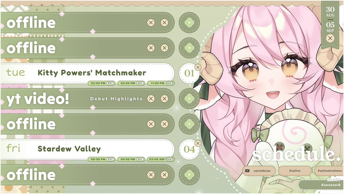 sylviebriar's tweet photo. WEEKLY SCHEDULE!!!
first yt video should be up this week! just a clip compilation :3 please look forward to that if you missed my debut!

✿ Oshi mark: 🐏💤 
✿ Live: #sylive
✿ Art: #syllustrations
✿ Website: https://t.co/RgY6QJD4R9 https://t.co/uTiziery13