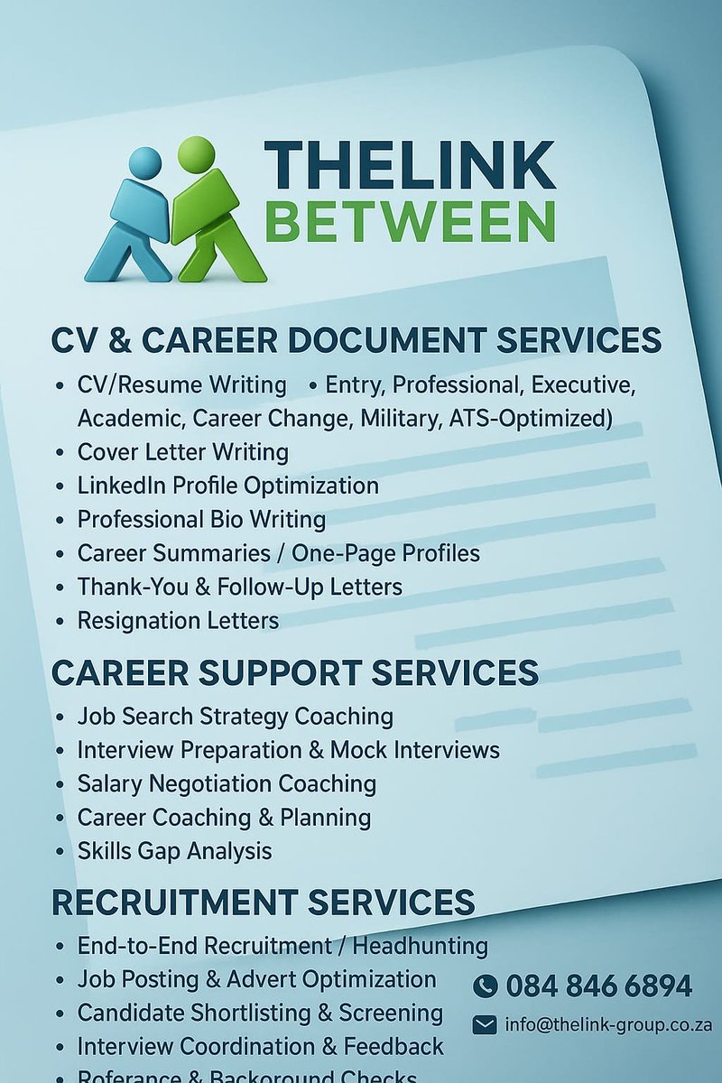 TheLink_Group's tweet photo. CV &amp; CAREER DOCUMENTS 📄
- CV Writing - Entry, Professional, Executive, Academic, Military, ATS ✨
- Cover Letter ✉️
- LinkedIn Optimization 🔗
- Bio, Profiles, Thank-you &amp; Resignation Letters

CAREER SUPPORT 💼
- Job Search Strategy 🎯
- Interview Prep &amp; Mock Interviews https://t.co/2oV5HgxSZY