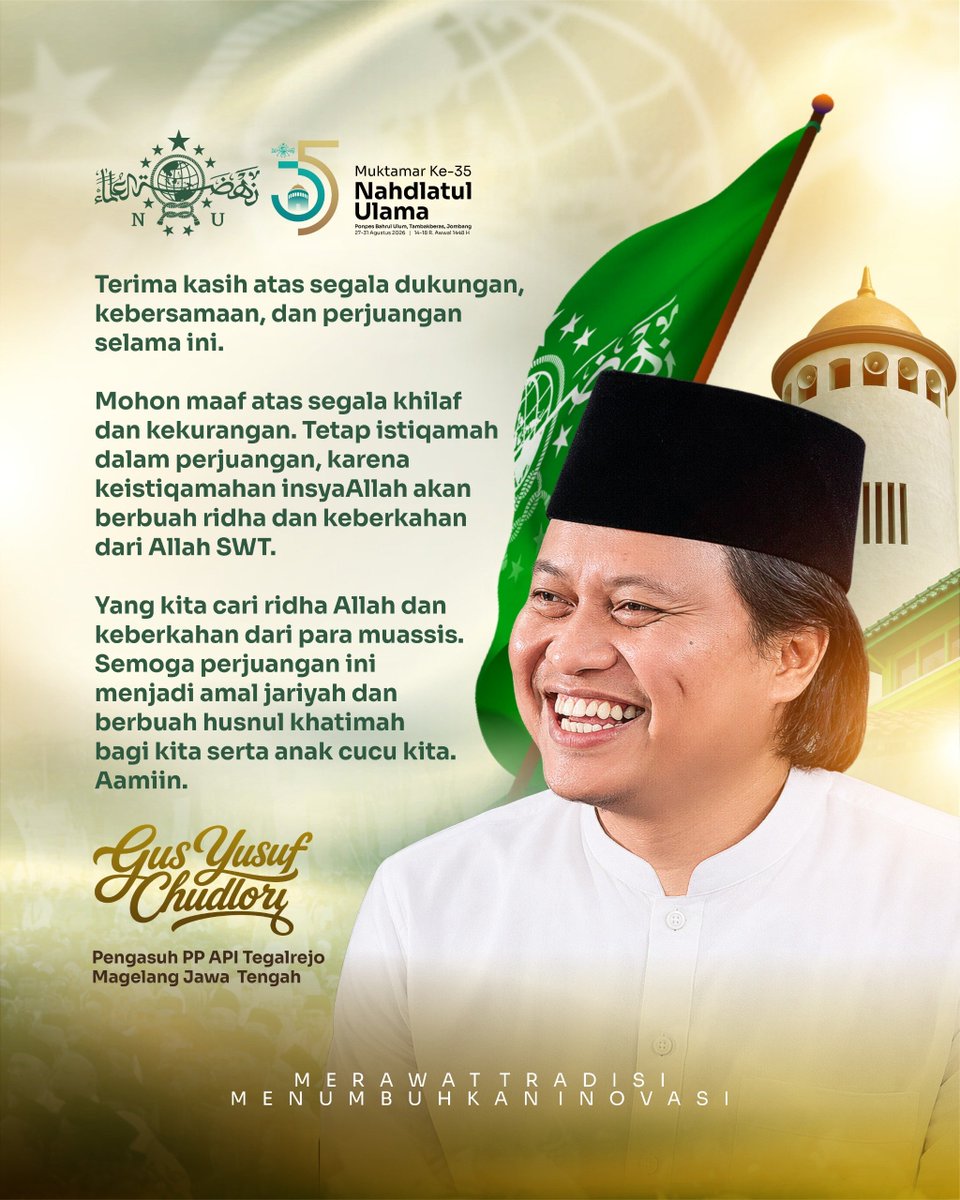 KastomoMerakyat's tweet photo. Selamat dan sukses atas terpilihnya KH. Miftachul Akhyar sebagai Rais Aam PBNU dan KH. Abdul Hakim Mahfudz sebagai Ketua Umum PBNU masa khidmat 2026–2031.

Semoga senantiasa diberikan kekuatan, keikhlasan, dan kebijaksanaan dalam mengemban amanah dan memimpin jam’iyyah https://t.co/5TXFgwN2uD