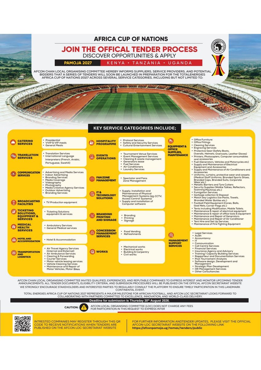 afconpamoja's tweet photo. 🚨 LAST CALL — BEAT THE DEADLINE. 
Are you a supplier or service provider? 
This is your final chance to register your company or business and explore opportunities to supply goods and services for and during AFCON 2027. 
Register your company or business using the link below and take the first step towards doing business during AFCON 2027.
https://t.co/iuTC6V3052…
 #RoadToAFCON2027 #PamojaEA2027