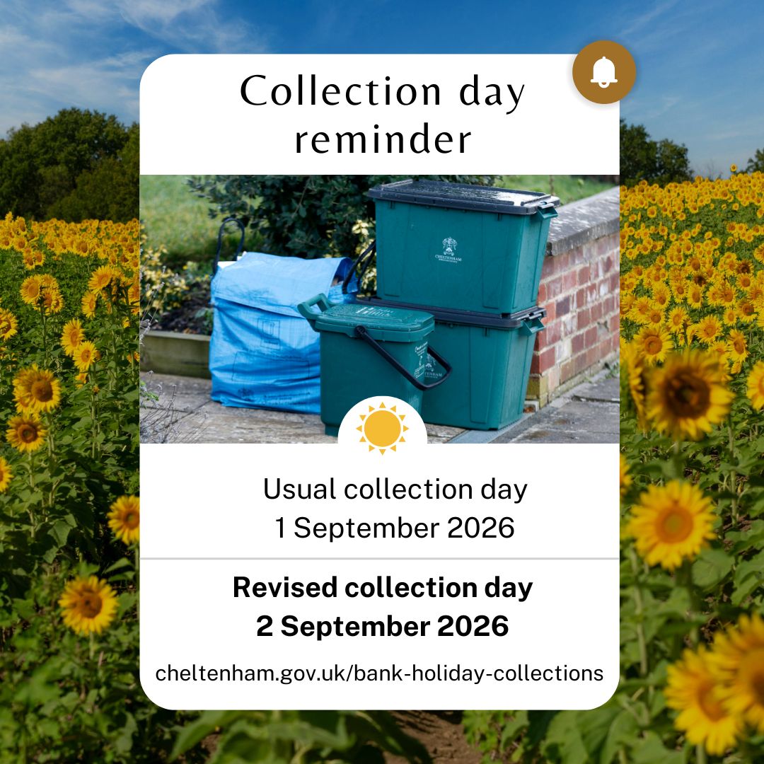 CleanGreenChelt's tweet photo. Just a reminder, your food, refuse, and recycling collections will change this week in #Cheltenham.

For all the latest information please check here👉 https://t.co/wawg0VFQly https://t.co/rpLHwtXxMf