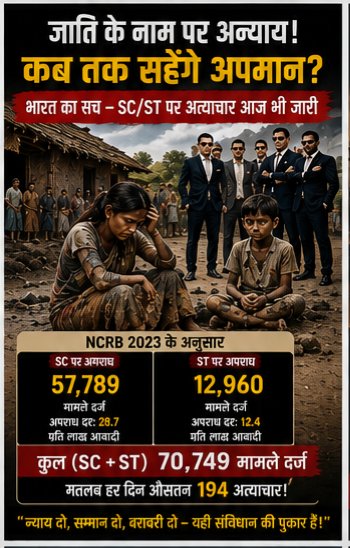 Rakesh140482's tweet photo. *जाति के सवाल से भागता भारत: SC-ST पर अत्याचार, आंकड़े और सामाजिक मानसिकता* 

2:  *NCRB के आंकड़े क्या कहते हैं?* 

राष्ट्रीय अपराध रिकॉर्ड ब्यूरो (NCRB) की Crime in India 2023 रिपोर्ट के अनुसार देश में अनुसूचित जातियों के खिलाफ 57,789 मामले दर्ज हुए। 2022 में यह संख्या 57,582 थी। 2023 में SC समुदाय के खिलाफ अपराध की दर 28.7 प्रति लाख आबादी रही। उत्तर प्रदेश में 15,130 मामले दर्ज हुए, जो राज्यों में सबसे अधिक थे।

अनुसूचित जनजातियों के मामले और भी चिंताजनक तस्वीर दिखाते हैं। 2023 में ST समुदाय के खिलाफ 12,960 मामले दर्ज हुए, जबकि 2022 में 10,064 मामले थे—लगभग 28.8% की वृद्धि। अपराध दर 2022 के 9.6 से बढ़कर 2023 में 12.4 प्रति लाख हो गई।

अर्थात केवल 2023 में SC और ST के खिलाफ दर्ज अपराधों को जोड़ें तो संख्या 70,749 मामले बैठती है।

इनमें सामूहिक मारपीट से लेकर हत्या, महिलाओं के विरुद्ध अपराध, बलात्कार, आपराधिक धमकी और SC/ST अत्याचार निवारण कानून के तहत दर्ज मामले शामिल हैं। केवल *2023 में SC महिलाओं के बलात्कार के 2,835 मामले दर्ज हुए।* 

सरकारी आंकड़ों में केवल मामले दर्ज होना ही कहानी का अंत नहीं है। न्याय की वास्तविक स्थिति समझने के लिए पुलिस जांच, चार्जशीट, मुकदमे और दोषसिद्धि तक पूरी श्रृंखला देखनी होगी। 2023 में SC से संबंधित अपराधों में पुलिस की चार्जशीट दर लगभग 80% थी, यानी कि बड़ी संख्या में मामले जांच और न्यायिक प्रक्रिया में लंबित भी रहे।
