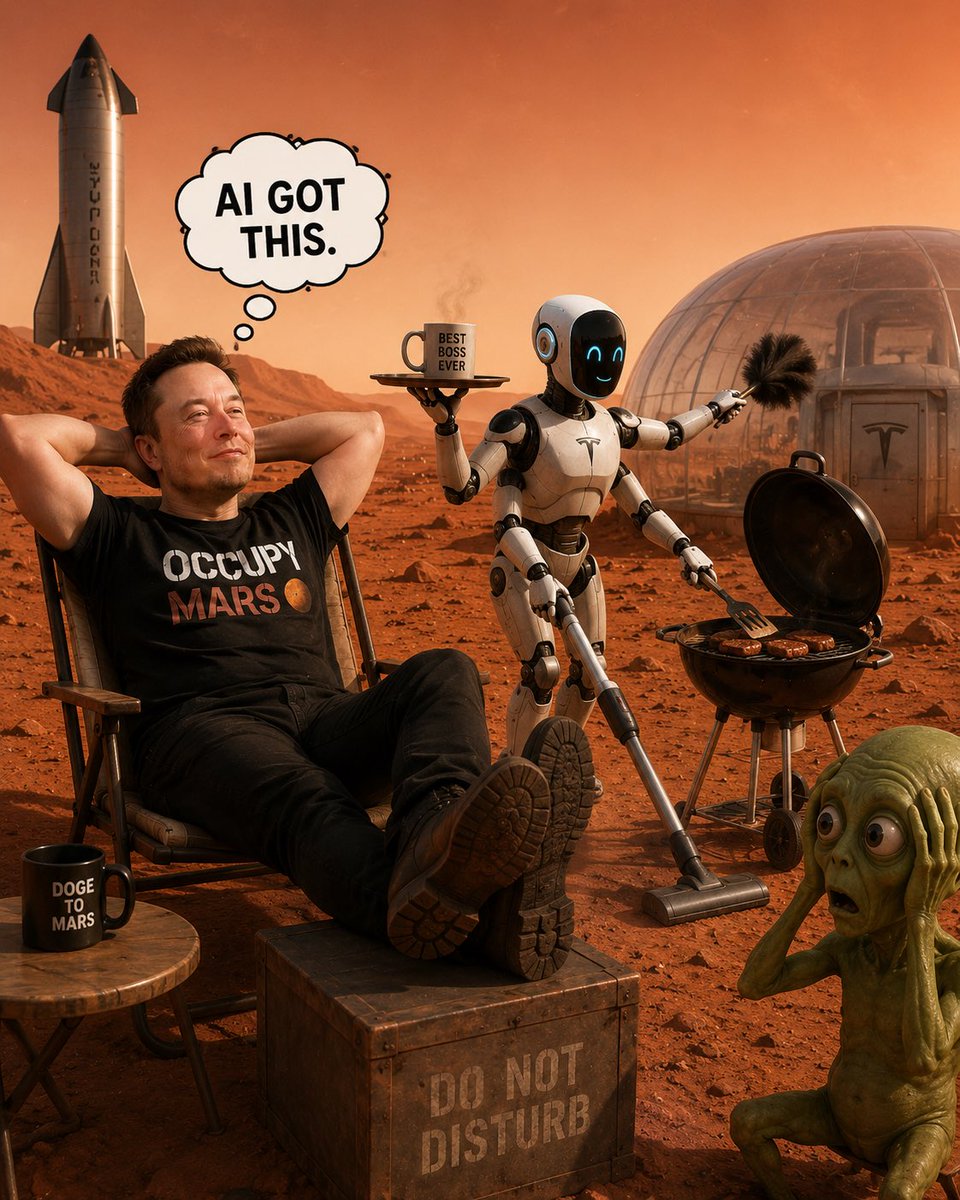 MartiansOfMars's tweet photo. So by next year AI does everything digital at superhuman level…and Elon finally has time to figure out the Wi-Fi password on Mars. 😂 https://t.co/5kNXAT5GFa