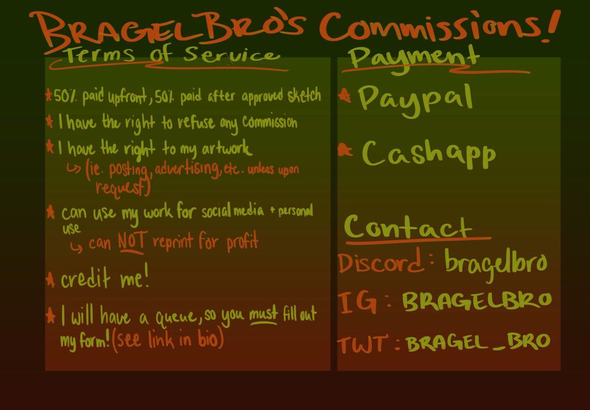 BRAGEL_BRO's tweet photo. Hi guys! I’m opening commissions because I am a broke college student! Please look into it :) 

Here’s my sheets and the link to my queue form!

https://t.co/hPEfark9Zg https://t.co/kqewXWCK5p