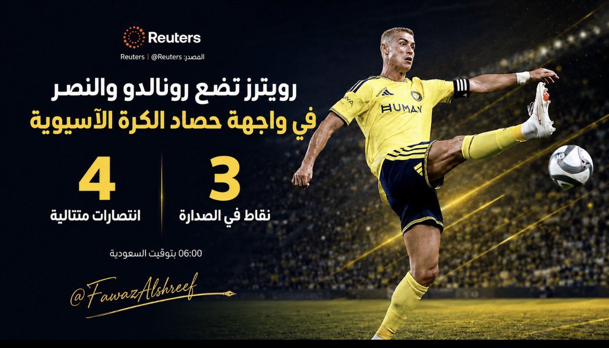 FawazAlshreef's tweet photo. رونالدو والنصر 
في واجهة آسيا 

اختارت رويترز انطلاقة #النصر المثالية عنوانًا رئيسيًا لحصادها الأسبوعي للكرة الآسيوية، بعد هدف رونالدو الذي حسم الفوز 2–1 على التعاون قائلة ان رونالدو ينقض ليحافظ على انطلاقة النصر المثالية وسجل النصر انتصاره الرابع تواليًا وابتعد بثلاث نقاط عن الهلال، مع امتلاك الهلال مباراة مؤجلة
