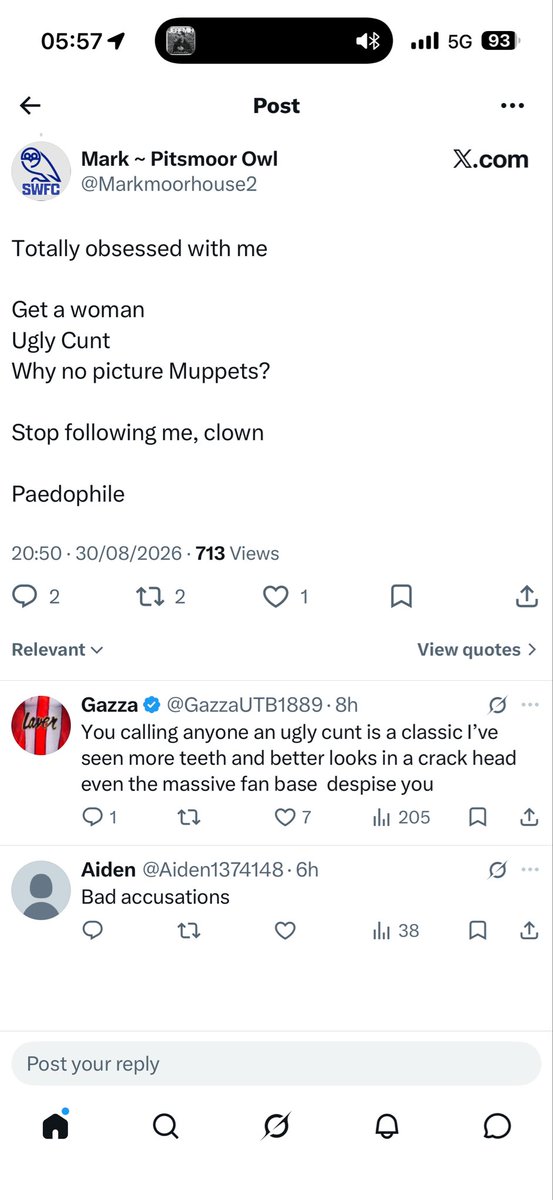 BrumBrum90's tweet photo. @Markmoorhouse2 @wednesdayzw Called someone an ugly cunt, then accused them of being a peado. 

 Pot. Kettle. Black. https://t.co/al9hQ4iohr