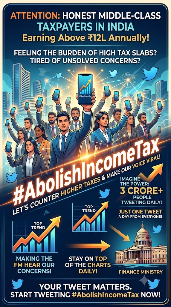 Kaira94124647's tweet photo. 🔥 TAXPAYERS, THIS IS YOUR DAILY REMINDER:

Don’t scroll past.

TWEET.

Demand #AbolishIncomeTax.

Tag someone who pays income tax.

If 1 person tweets, it’s a post.

If 1 lakh taxpayers tweet, it’s a movement. https://t.co/hZVd3AiA2K