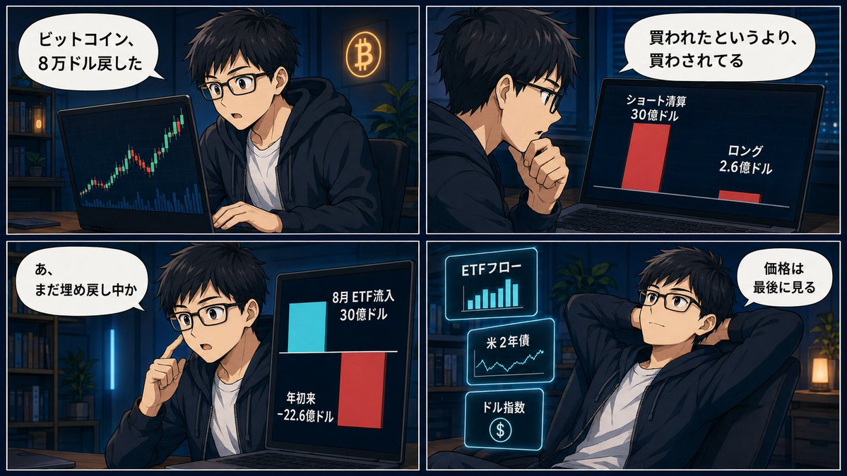 kavueditor's tweet photo. 米国の現物ビットコインETF、8月の純流入は約30億��ル。2026年で最大の月になった。
それでも年初来では22億6000万ドルの流出超のままだ。
8月19日から20日の24時���で、暗号資産のショート清算が30億ドル。ロング側は2億6350万ドル。10倍以上が片方向に偏っている。踏み上げが火をつけたのは間違いない。ただ踏み上げは数日で燃え尽きるのに、価格は8万ドル前後に残った。
残したのはETFのほうだ。8月17日から27日まで9営業日連続で流入、合計30億4000万ドル。うち7割以上がIBIT1本。ここまでは「機関投資家が買っている」でいい。
私が引っかかったのは年初来の数字だ。今年出ていった分を埋め戻している途中であって、新しく積み上がっているわけではない。同じ30億ドルでも、埋め戻しと積み増しでは次に起きることが違う。
そして8月28日。ウォーシュ議長のジャクソンホール講演で米2年債が12bp上がった日、ビットコインは3%下げ、ETFは2億190万ドルの流出に転じた。財政やドルへの不安には強く、実質金利の上昇には弱い。
だから私が見るのは、ETFフ���ーと米2年債とドル指数の3つ。価格はその結果でしかない。