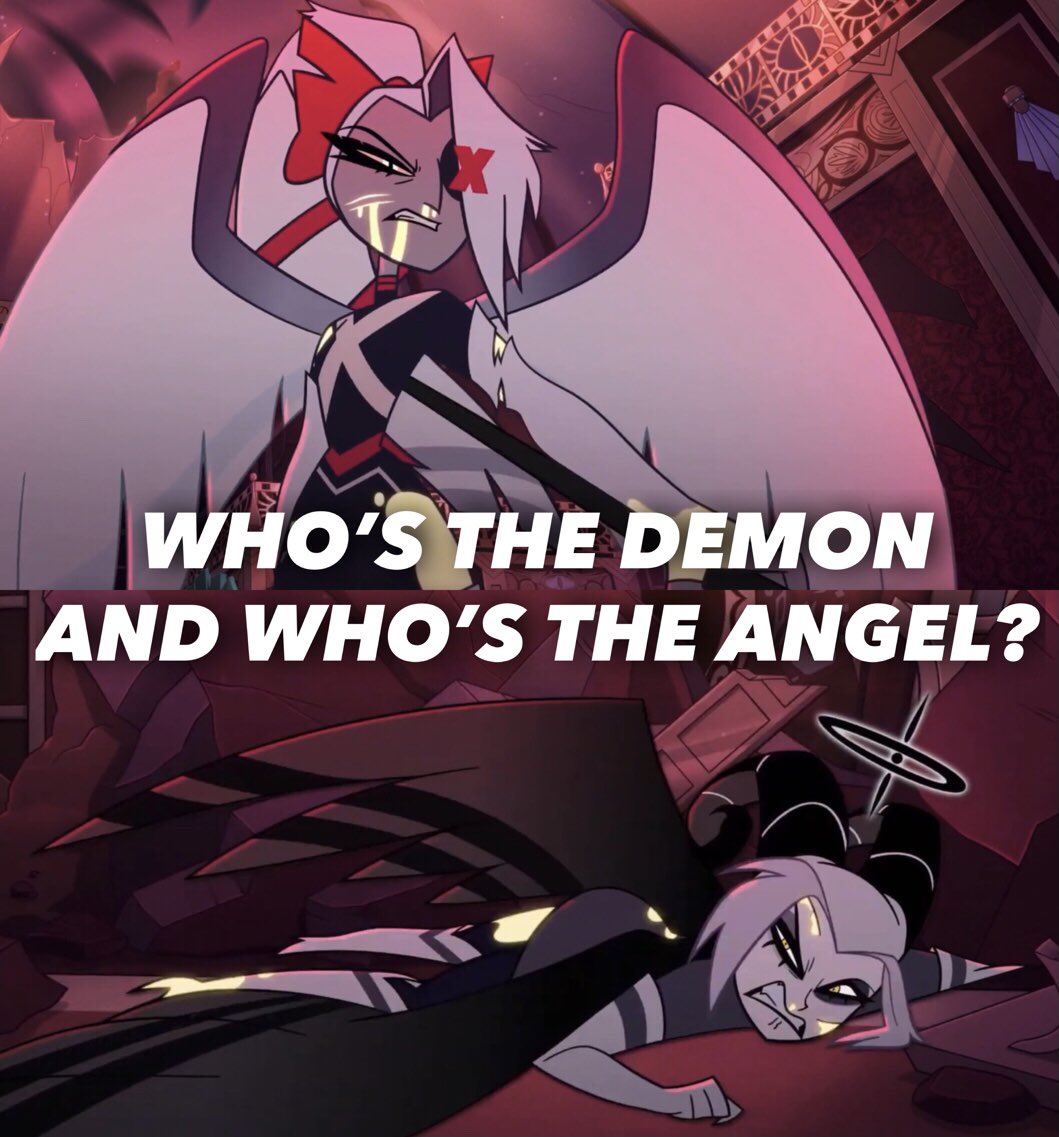 aurorejiud's tweet photo. GOD I love this scene!😍

Vaggi looks like a true angel, with her white wings and her compassion, while Lute looks like a demon with her horns, black wings and her hatred.

+Vaggi is towering over Lute, who’s stuck on the ground so… Fallen Lute soon🙏

#fallenwings #HazbinHotel https://t.co/xtlHhknuHn