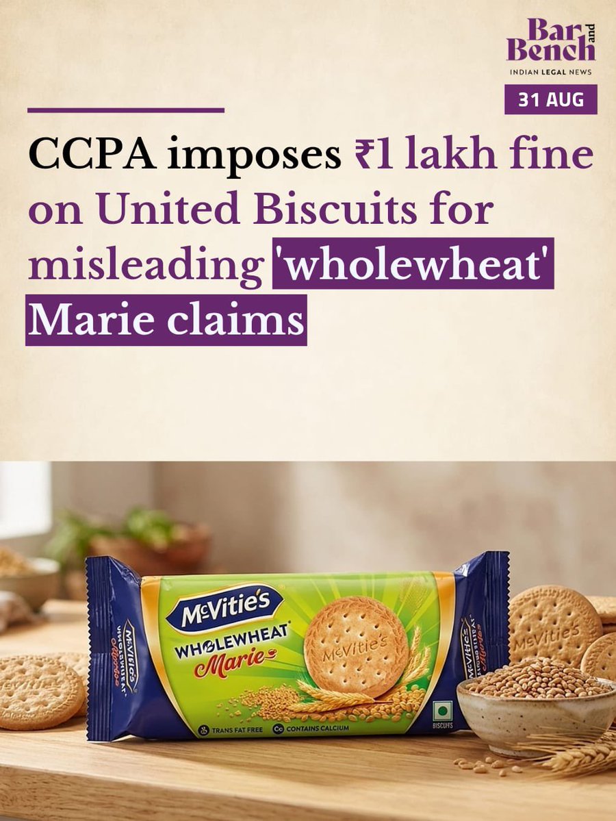 barandbench's tweet photo. CCPA imposes ₹1 lakh fine on United Biscuits for misleading 'wholewheat' Marie claims

Read here: https://t.co/AgWwWnh3rt https://t.co/pIVgwGyGZU