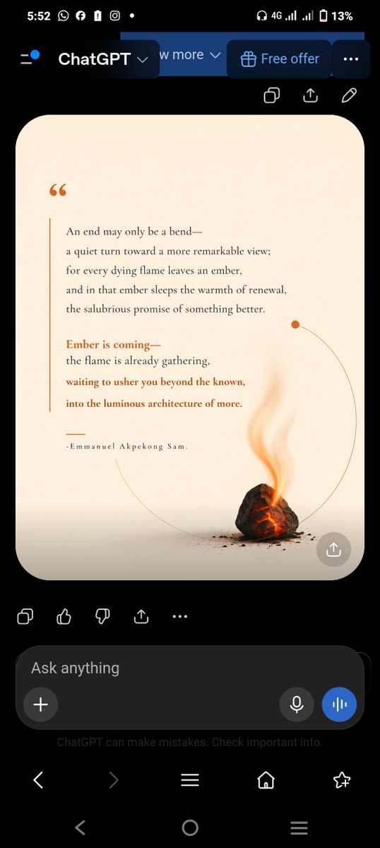 IAmEmmanuelSam's tweet photo. Sometimes, what feels like an ending is merely a bend toward something greater. Every ember carries the possibility of a new flame, a brighter perspective, and a more remarkable beginning. Ember is coming—ushering you into more.

#Verbalblitzkrieg #Emmanuelsam #EmmanuelSamQuotes https://t.co/NQb2yAKkso