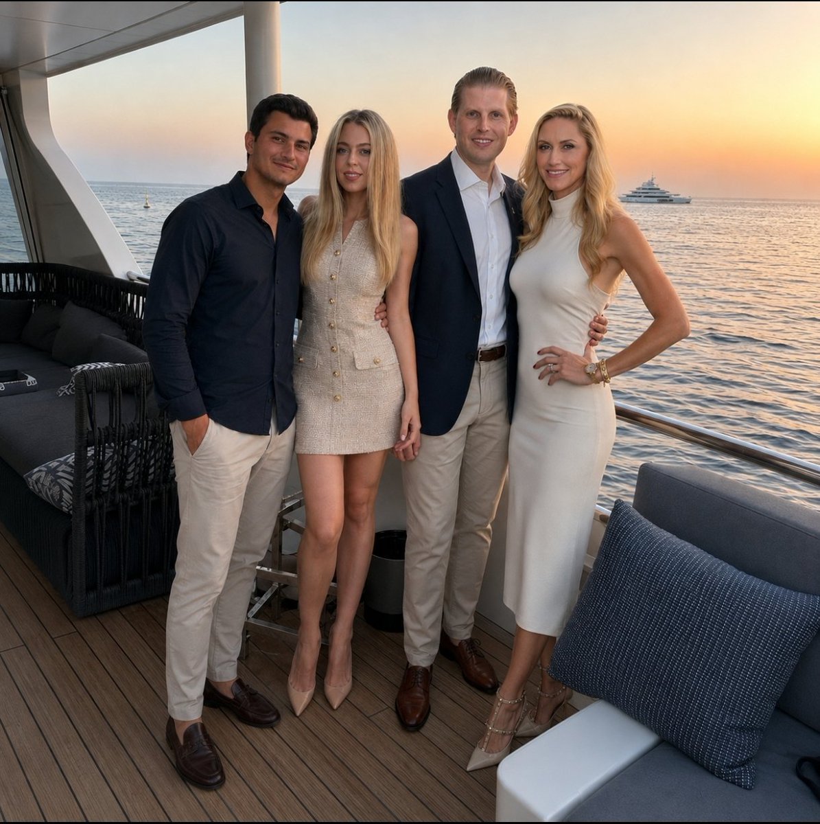 AmericanTruthke's tweet photo. When the Trump family is together, every moment becomes special.
An evening on the yacht, smiles and warmth you can feel from far away. ❤️
Family moments like these are truly priceless. ✨

#EricTrump #LaraTrump #TiffanyTrump #MichaelBoulos https://t.co/D8MOaRoQFq