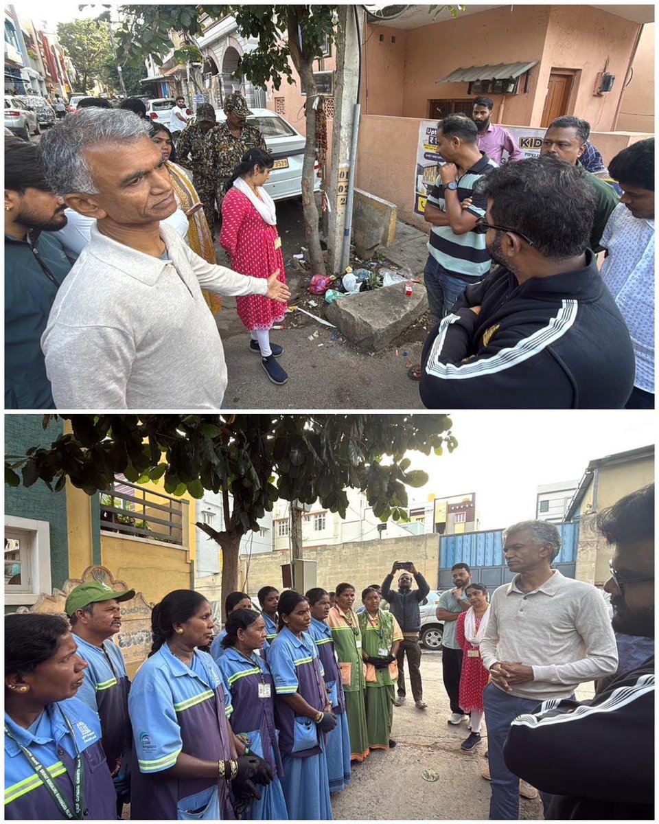 krishnabgowda's tweet photo. As #JustCleanBengaluru carries on in full swing, BNCC Commissioner Sunil Kumar, officials and I started our Monday morning at 5:30 am, inspecting garbage collection in Mallasandra, Dasarahalli.  We directly spoke with residents and pourakarmikas to understand what is working and what needs to change, because the real picture is always on the ground.