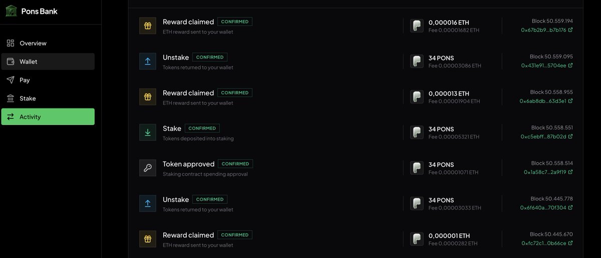 PonsBankHood's tweet photo. Under Activity, you can find all your transfers with links to the blockchain explorer. 

Everything on PonsBank is fully verifiable on-chain.

https://t.co/7NKqauLCNX https://t.co/oOdzYmxsyn