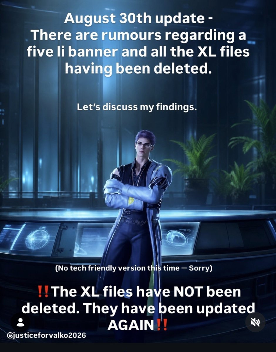 oxiddys's tweet photo. 💫  RESUMEN 💫

Bueno vi este resumen para las que aun no entienden la publicación de insta

He resumido los hallazgos específicos sobre Valko en la actualización de hoy

— Qué significan y qué novedades o cambios se han introducido?

Como pueden ver, se han realizado varios cambios en los archivos «XL». (XL = Xiao Lang = pequeño lobo)

Aunque no parece que vaya a formar parte del próximo *multiban*.

En esta actualización se ha añadido una nueva imagen para la carta (xl_0013); la actualización anterior no incluía esta en concreto. (La última captura de pantalla corresponde a la actualizaci��n anterior). Es muy probable que esta sea su carta para dicho *multiban*

Según las diapositivas, las referencias Valko/XL recién añadidas o recién mostradas en la actualización del 30 de agosto incluyen varios grupos concretos:

Se añadieron/mostraron 480 referencias etiquetadas como XL en los registros XPackage modificados.

Un conjunto compartido de presentación/personalización XL806C, que incluye referencias como XL806C, XL806C_Card, XL806C_Card_01_FX, XL806C_EA y XL806C_H_Card. Esta misma familia 806C existe para los seis caracteres.

Un grupo separado de presentación de caracteres XL003S, con elementos como XL003S_HE, XL003S_M_HE, XL003S_Tails, escenas de mostrar/ocultar formularios/UI y efectos relacionados

Rutas explícitas de visualización de tarjetas para xl_0013: a2_cardsmall_xl_0013, a2_cardmiddle_xl_0013, b2_card_xl_0013, b2_cardfull_xl_0013.

Nuevas referencias/redirecciones de tarjetas animadas/actuaciones, especialmente XL_D_0047, además de grupos para XL_D_0007, XL_D_0008 y XL_D_0043.

Recursos XL relacionados con NightGlow, como parte de una familia de recursos de seis personajes.

Algunas referencias de Inicio/foto/interacción, incluyendo acompañantes/interacciones específicos de XL y recursos de personajes relacionados.

Lo nuevo más interesante para mí es que xl_0013 tenga rutas explícitas de imágenes de visualización de tarjetas, porque eso es más b2_card_xl_0013, b2_cardfull_xl_0013.

Nuevas referencias de tarjetas animadas/actuaciones, especialmente XL_D_0047, además de grupos para XL_D_0007, XL_D_0008 y XL_D_0043.

Recursos XL relacionados con NightGlow, como parte de una familia de recursos de seis personajes.

Algunas referencias de Inicio/foto/interacción, incluyendo interacciones/acompañados específicos de XL y recursos de personajes relacionados.

Lo nuevo más interesante para mí es que xl_0013 tenga rutas de imagen de visualización de tarjeta explícitas, porque eso es más específico de la tarjeta que una referencia genérica del sistema.

Pero una advertencia: "recién salido a la luz" no significa automáticamente contenido recién creado. Algunos de estos pueden ser recursos más antiguos que fueron reempaquetados o referenciados por esta actualización

Por lo tanto, la conclusión más sólida es: la actualización afectó activamente al personaje, la carta, la presentación, la animación y la infraestructura de funciones compartidas de Valko. No se quedó ahí simplemente como datos residuales inactivos.

Así que esa es una muy buena noticia

C del resumen. ladsbirdiee
C de la info justiceforvalko2026