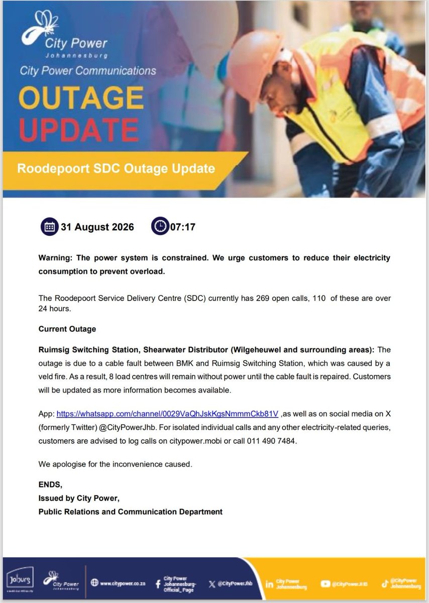 CityPowerJhb's tweet photo. #CityPowerUpdates #RoodepoortSDC
Kindly see the latest outage update below ^LT
Follow the Roodepoort SDC Outage Updates channel on WhatsApp: https://t.co/DCWLzlcRoy… as well as on social media @CityPowerJhb. https://t.co/MkE6ShW1nW