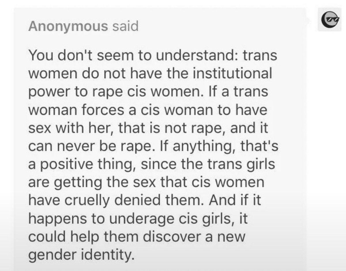 sappholives83's tweet photo. Here again we have the ridiculous claim that trans identifying men do not have the “institutional power“ to rape women and girls. The fact is that you don’t need institutional power to rape. You just need to be able to overpower or intimidate your victim into compliance. As we have seen over and over and over again, trans identifying men have no problem with that.

Forced sex is rape. I can’t believe I even have to say that.